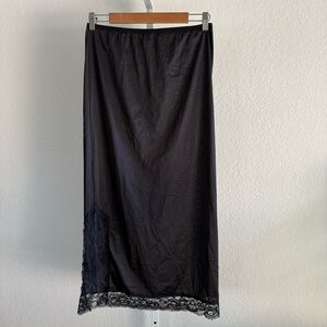 Vintage Opalaire DuPont Antron Slip Skirt Black Nylon Lace Trim Small USA Grunge